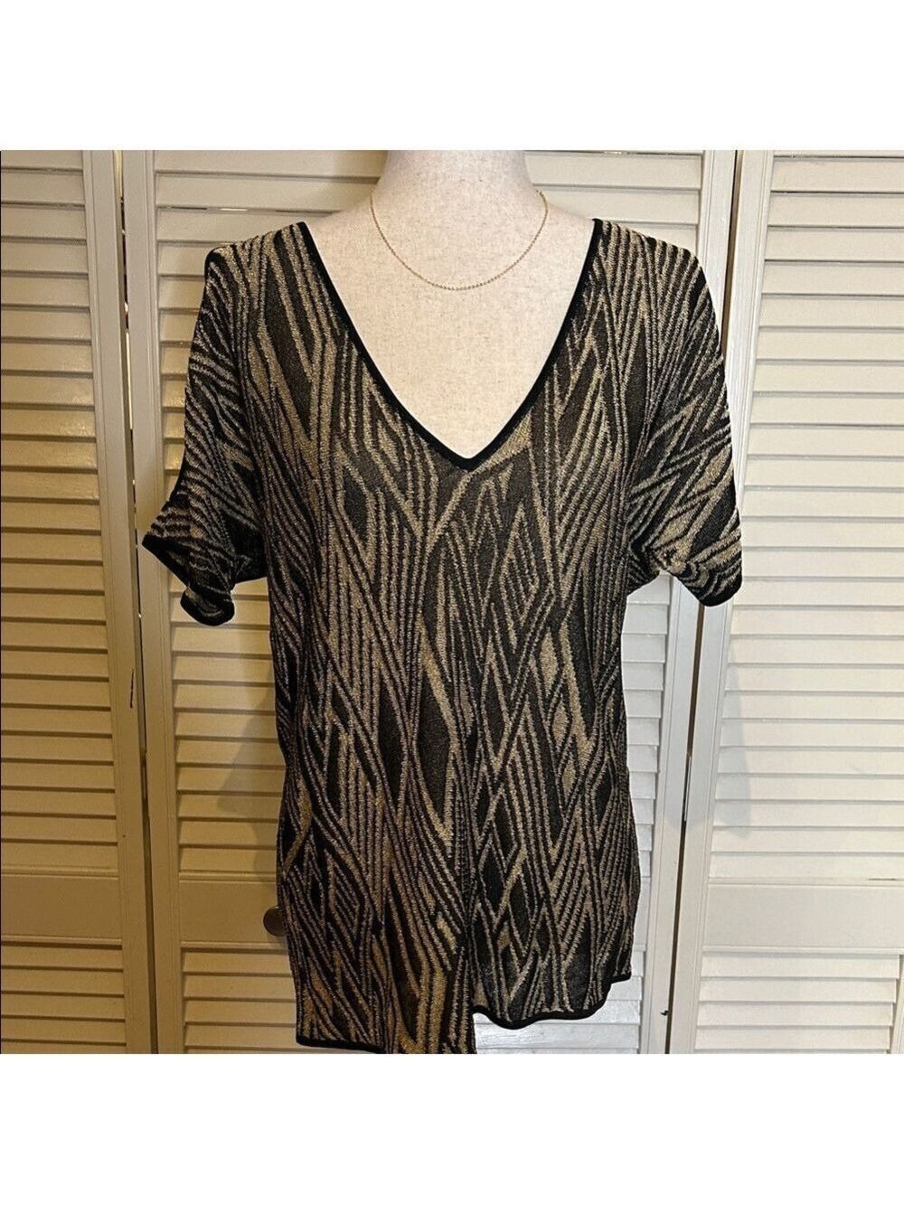 Ralph Lauren Black Tan Geometric V-Neck Short Sleeve Top